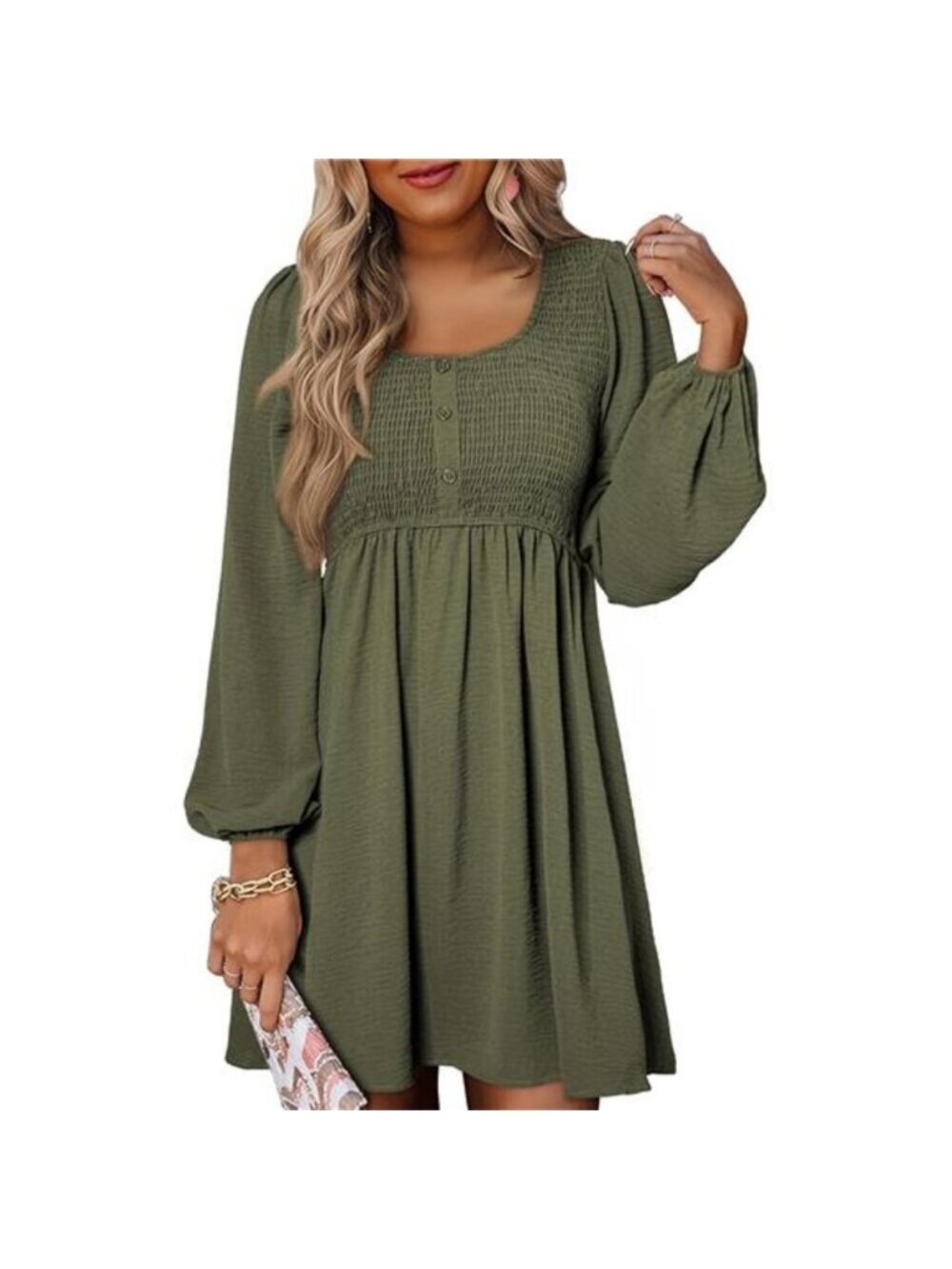 Womens 2025 Casual Dress Smocked Crewneck Button Up Long Sleeve Empire Green